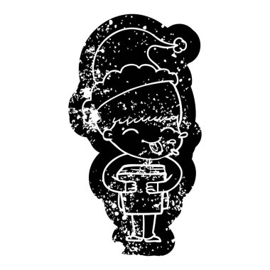 ilginç çizgi film simgesi Noel Baba şapkası giyen bir çocuk sıkıntılı