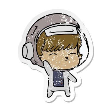 sıkıntılı etiket sallayarak bir karikatür meraklı astronotun