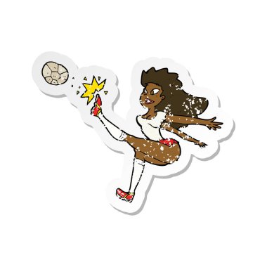 bir çizgi film kadın futbol oyuncunun topu tekmeleme Retro sıkıntılı etiket