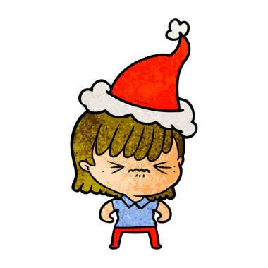 Noel Baba şapkası giymiş bir kızın dokulu karikatür rahatsız el çekilmiş