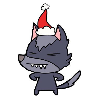 kızgın kurt el çizilen çizgi çizme giyen Noel Baba şapkası