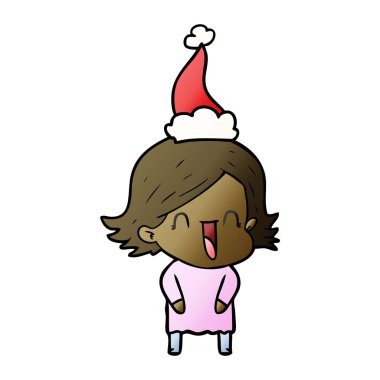 Noel Baba şapkası giyen gülünecek bir kadının degrade çizgi film el çekilmiş