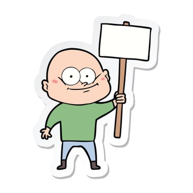 etiket işareti ile bakan bir karikatür kel adam