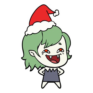 Noel Baba şapkası giyen gülünecek bir vampir kız çizgi çizme