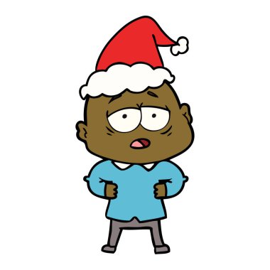 çizim için Noel Baba şapkası giyen yorgun bir kel adamın el çekilmiş