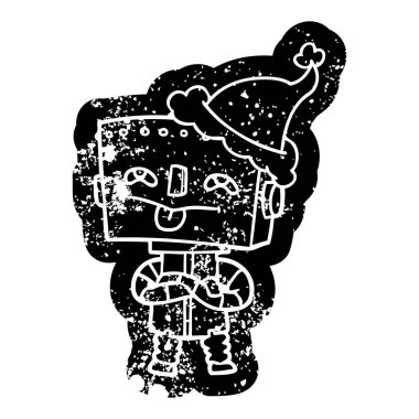 ilginç çizgi film simgesi Noel Baba şapkası giyen bir robot sıkıntılı