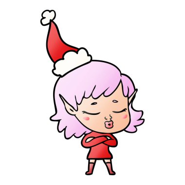 Noel Baba şapkası giyen bir elf kızın oldukça degrade çizgi film