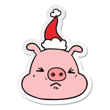 etiket karikatür Noel Baba şapkası giyen bir kızgın domuz yüz