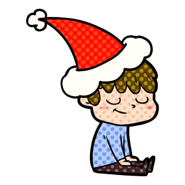 Noel Baba şapkası giyen bir mutlu çocuk çizgi roman tarzı çizimi el çekilmiş