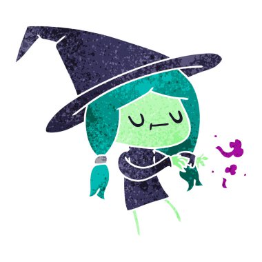 şirin kawaii cadı serbest el çekilmiş retro çizgi film