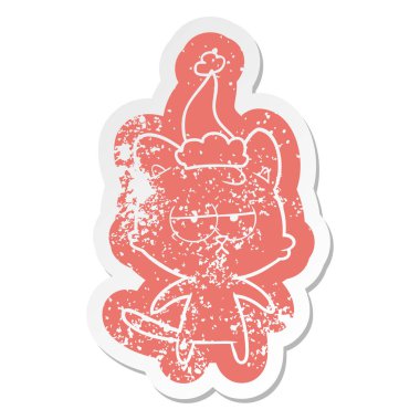 sıkılmış ilginç çizgi film Noel Baba şapkası giyen bir kedi etiket sıkıntılı