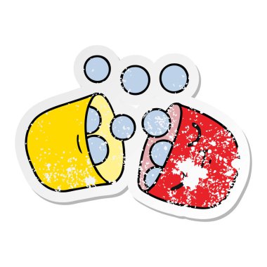 serbest el çekilmiş sıkıntılı etiket karikatür gülümseyen bir hap