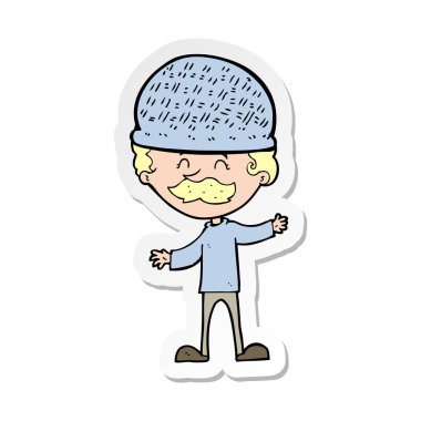 şapka giyen bir çizgi film adam etiketi