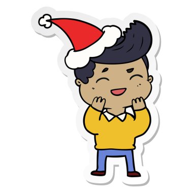 etiket karikatür giyen Noel Baba şapkası gülen bir adam
