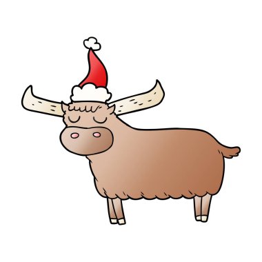 Noel Baba şapkası giyen boğa degrade çizgi film el çekilmiş