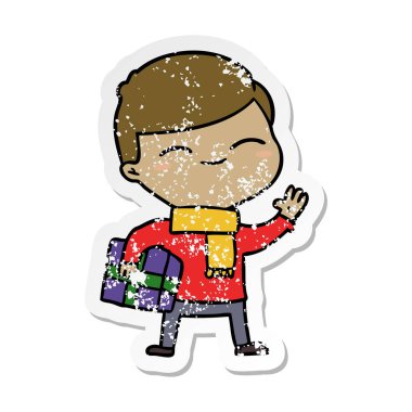 bir karikatür hediye ile boy gülümseyerek sıkıntılı etiket