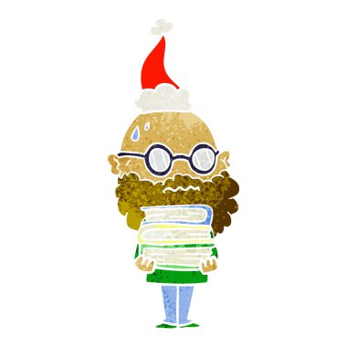 Sakallı endişeli bir adamın retro karikatür ve santa şapka kitap yığını el çekilmiş