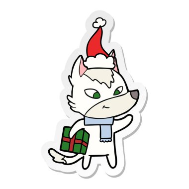 etiket karikatür Noel Baba şapkası giyen Noel kurt dostu el çekilmiş