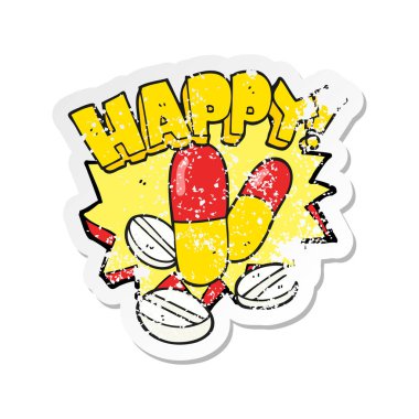 bir karikatür mutlu hap Retro sıkıntılı etiket