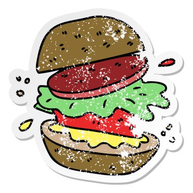 ilginç bir el sıkıntılı etiket karikatür veggie burger çizilmiş