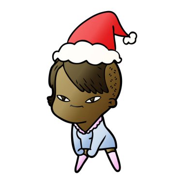 şirin el bir kızın degrade çizgi film Noel Baba şapkası giyen hipster saç kesimi ile çekilmiş.