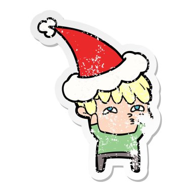 sıkıntılı etiket karikatür Noel Baba şapkası giyen meraklı birinin el çekilmiş