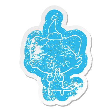 Noel Baba şapkası giyen dilini bir köpek ilginç karikatür sıkıntılı etiket