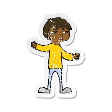 Retro bir karikatür rahatsız çocuğun etiket sıkıntılı