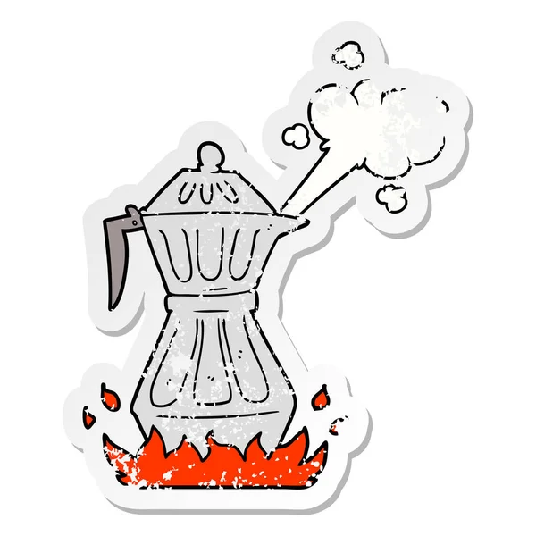 Distressed Sticker Cartoon Steaming Espresso Pot — Stock Vector