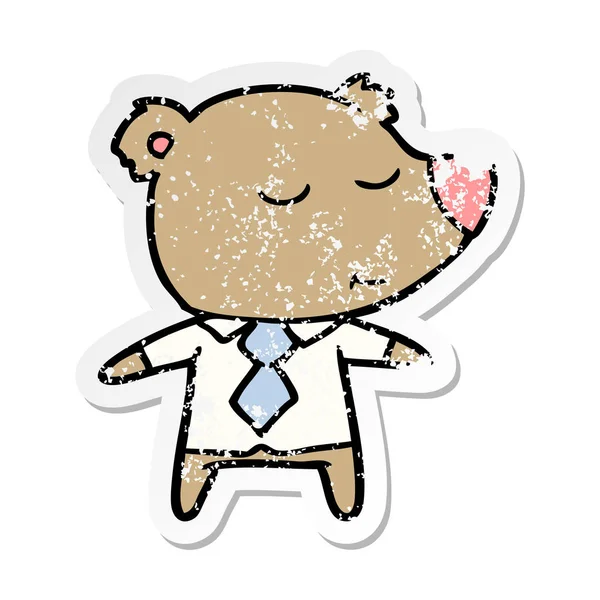 Distressed Sticker Happy Cartoon Bear Wearing Shirt — Stock Vector