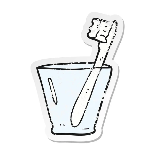 Retro Noodlijdende Sticker Van Een Cartoon Tandenborstel Glas — Stockvector