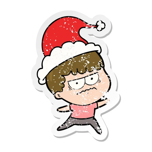 sıkıntılı etiket karikatür Noel Baba şapkası giyen rahatsız bir adamın el çekilmiş