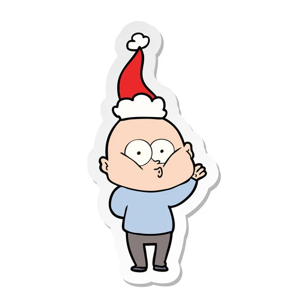 Hand Dras Klistermärke Cartoon Skallig Man Stirrar Bär Santa Hatt — Stock vektor