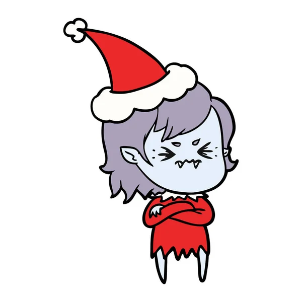 Annoyed Hand Drawn Line Drawing Vampire Girl Wearing Santa Hat — Stock Vector