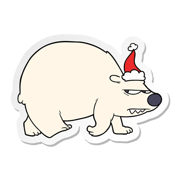 Handgezeichnete Sticker Karikatur Eines Wütenden Eisbären Mit Weihnachtsmütze — Stockvektor