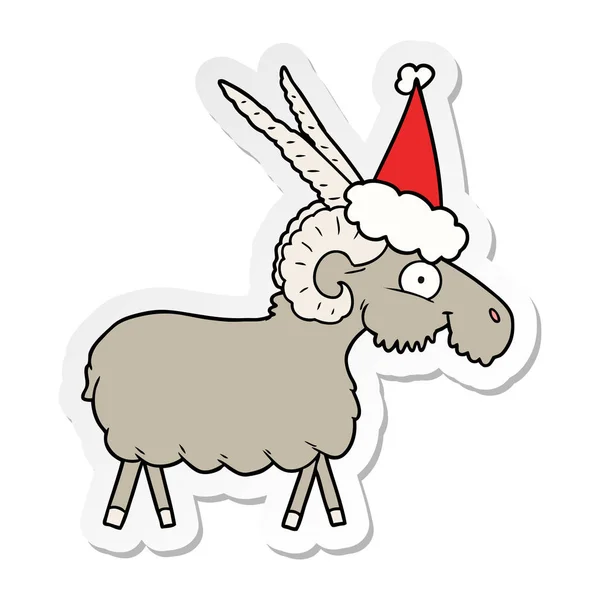 Pegatina de dibujos animados de una cabra con sombrero de santa — Vector de stock