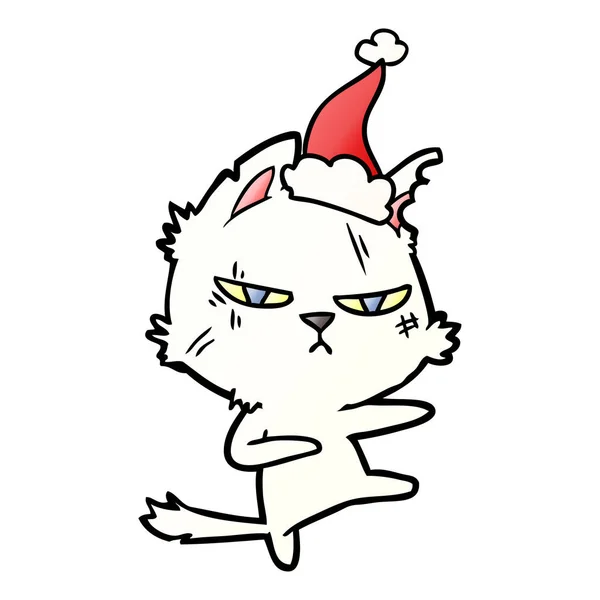 Tough Hand Drawn Gradient Cartoon Cat Wearing Santa Hat — Stock Vector