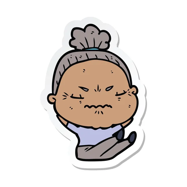 Sticker Cartoon Annoyed Old Lady — Stock Vector