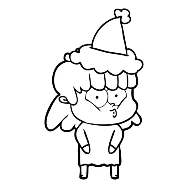 Line drawing of a whistling girl wearing santa hat — Stock Vector