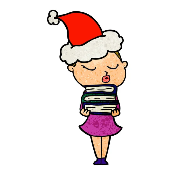 산타 모자를 쓰고 진정 여자의 질감된 만화 — 스톡 벡터