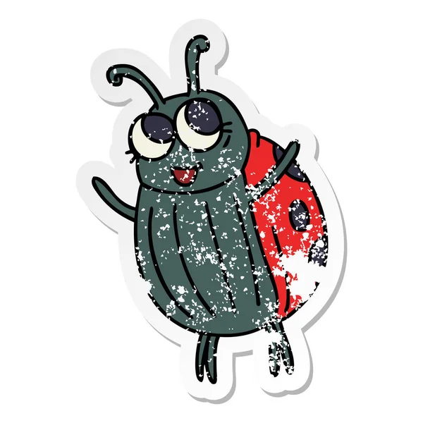 Verontruste Sticker Van Een Eigenzinnige Hand Getrokken Cartoon Lieveheersbeestje — Stockvector