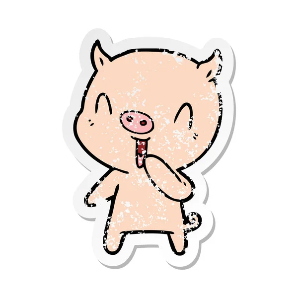 Autocollant de détresse d'un cochon de dessin animé heureux — Image vectorielle