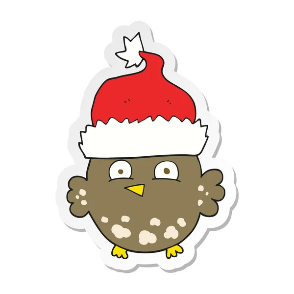 Sticker Van Een Cartoon Uil Met Kerst Hoed — Stockvector