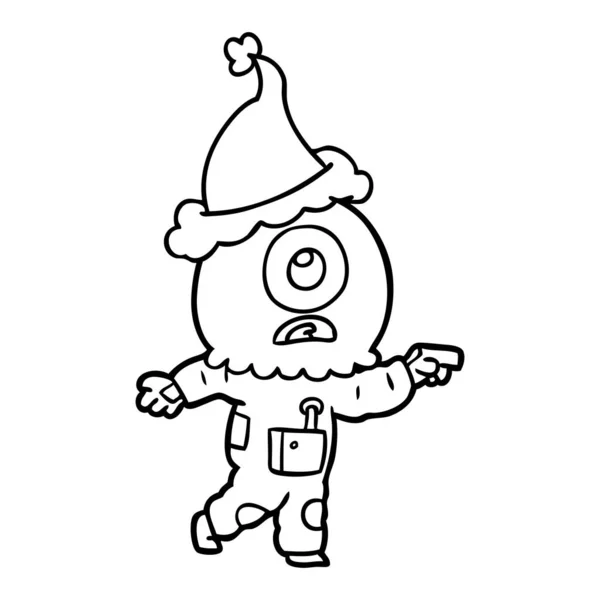 산타를 입고 가리키는 cyclops 외계 우주인의 선 그리기 — 스톡 벡터