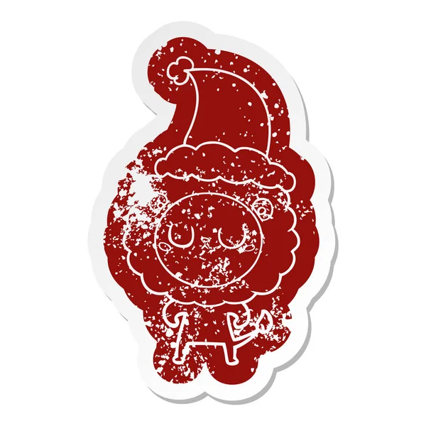 Noel Baba şapkası giyen aslan ilginç karikatür sıkıntılı etiket