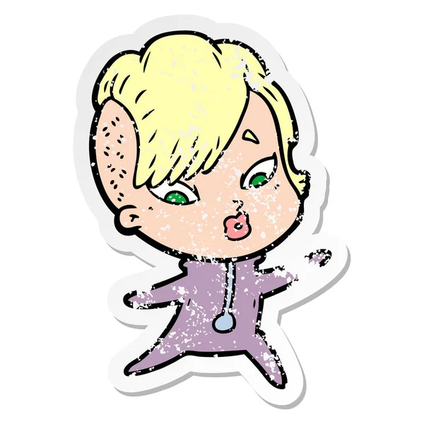 bir karikatür sıkıntılı etiket bilim kurgu giysili kızı şaşırttı