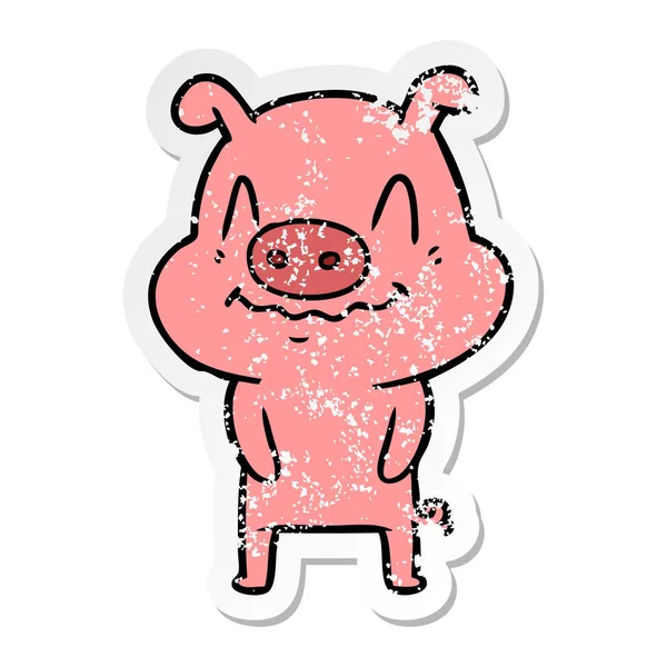 Distressed Sticker Nervous Cartoon Pig — Stock Vector