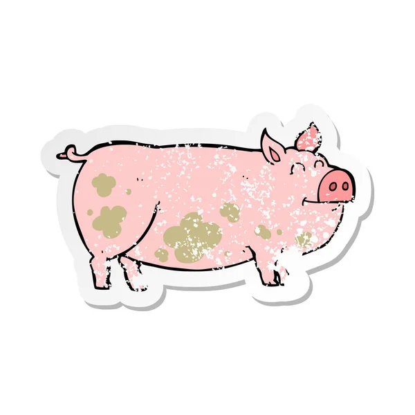 Pegatina retro angustiado de un cerdo fangoso de dibujos animados — Vector de stock