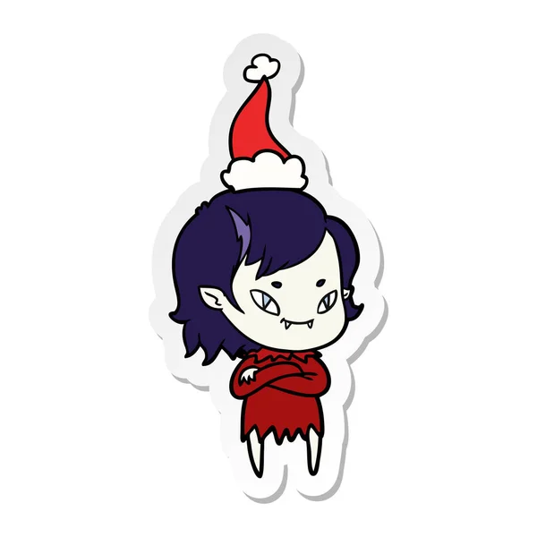 Handgezeichnete Sticker Karikatur Eines Freundlichen Vampirmädchens Mit Weihnachtsmütze — Stockvektor