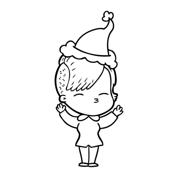 Line drawing of a squinting girl wearing santa hat — Stock Vector